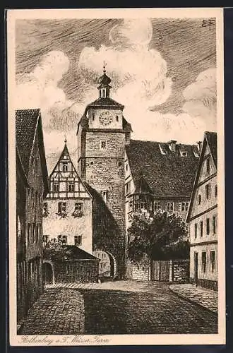 Künstler-AK Rothenburg o. T., Weisser Turm mit Strassenpartie