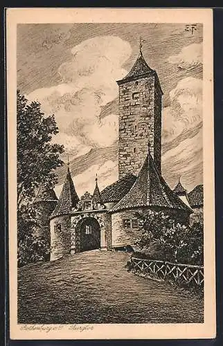 Künstler-AK Rothenburg o. T., Burgtor mit Bäumen