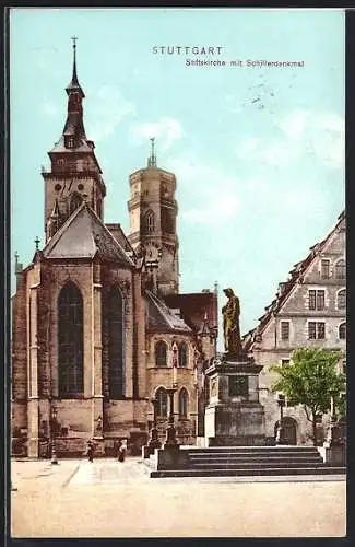 AK Stuttgart, Stiftskirche mit Schillerdenkmal