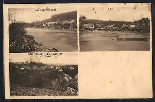 AK Haustein, Flusspartien mit Ort, Ortsansicht Albert vom Wasser und Ruine aus