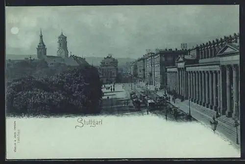 Mondschein-AK Stuttgart, Strassenpartie mit Strassenbahnen und Kirche