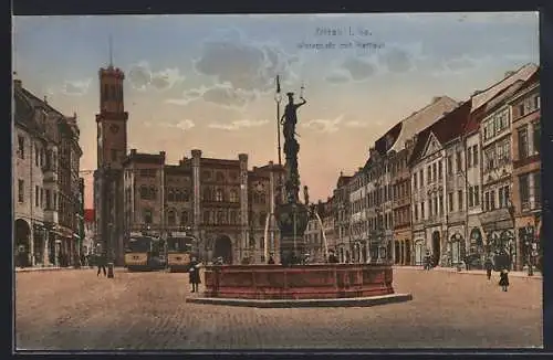 AK Zittau i. S., Marktplatz mit Strassenbahn und Rathaus