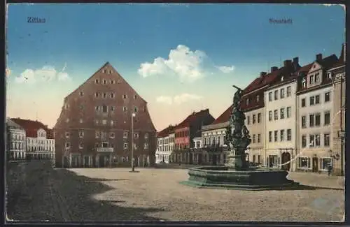AK Zittau, Strassenpartie der Neustadt mit Brunnen