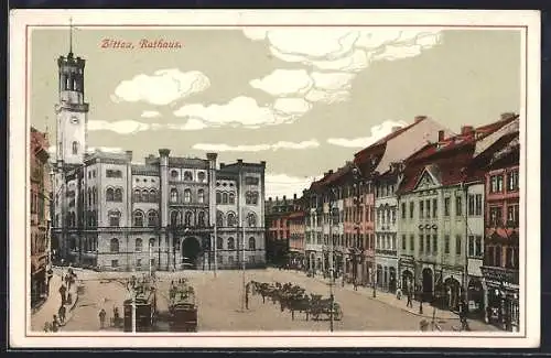 AK Zittau, Partie am Rathaus mit Strassenbahnen