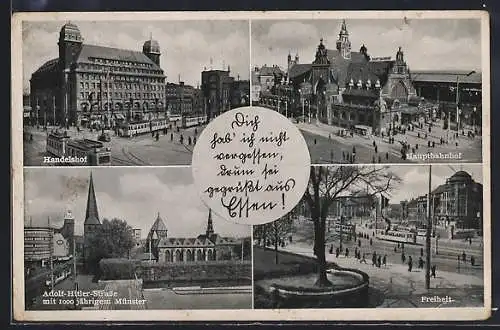 AK Essen, Strassenpartien Freiheit, Handelshof und Hauptbahnhof