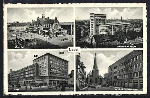 AK Essen, Strassenpartie am Deutschlandhaus, an der Münsterkirche und Post, 
