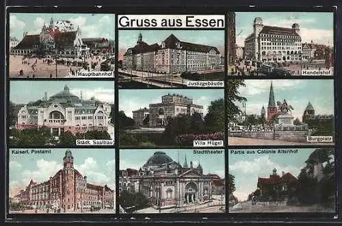AK Essen, Ortpartien Burgplatz, Kaiserl. Postamt und Handelshof