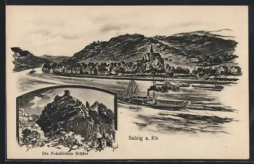 AK Salzig a. Rh., Ort vom Ufer aus mit Schiffen, Die Feindlichen Brüder