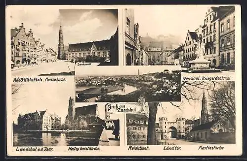 AK Landshut, Strassenpartien Neustadt Kriegerdenkmal, Ländtor mit Reichsbank und Heilig Geistkirche