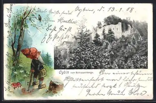 Lithographie Oybin, Ortsansicht vom Schuppenberge, Zwerg im Wald