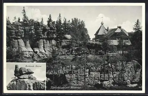 AK Oybin, Töpferbaude mit Felsentor, Brütende Henne