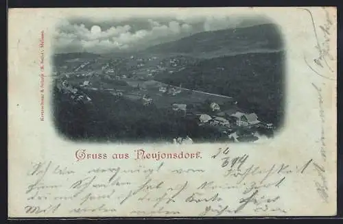 Mondschein-AK Neujonsdorf, Ortschaft aus der Vogelschau
