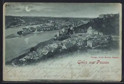 Mondschein-AK Passau, Blick auf den Ort