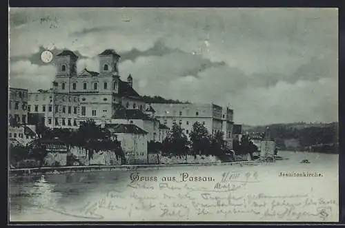 Mondschein-AK Passau, Jesuitenkirche vom Wasser aus