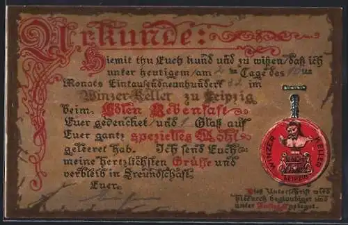 Präge-AK Leipzig, Gasthaus Winzer Keller Trinkerurkunde