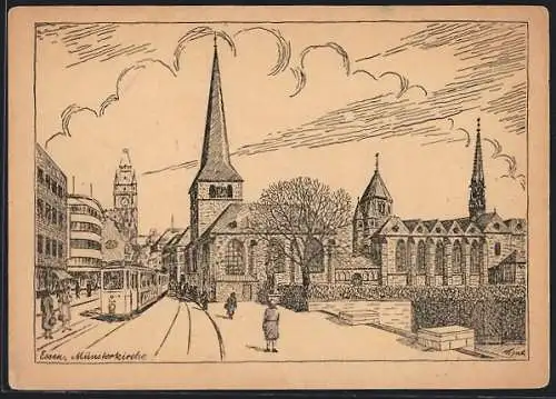Künstler-AK Essen, Münsterkirche mit Strassenbahn