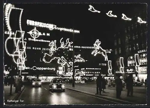 AK Essen, Essener Lichtwochen 1963, Kettwiger Tor mit Geschäften bei Nacht