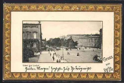 Lithographie Berlin, Unter den Linden mit Denkmal, Passepartout