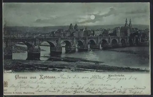 Mondschein-AK Koblenz, Moselbrücke mit Kirche