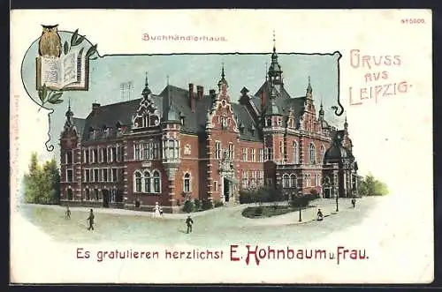 AK Leipzig, Buchhändlerhaus, Eule auf Buch