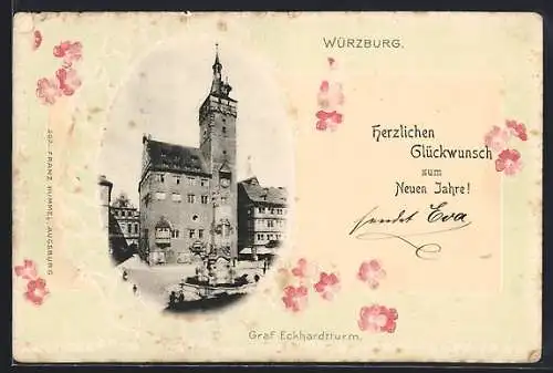 Lithographie Würzburg, Graf Eckhardtturm, Blümchen, Neujahrsgruss