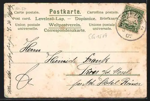 Lithographie Würzburg, Graf Eckhardtturm, Blümchen, Neujahrsgruss