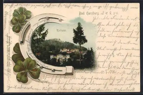 Lithographie Bad Harzburg, Kurhaus im Hufeisen mit Kleeblättern