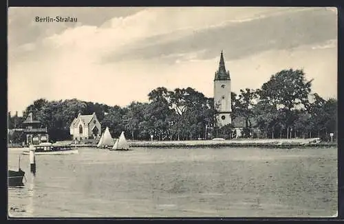 AK Berlin-Stralau, Uferpartie mit Kirche
