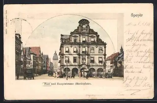 AK Speyer, Marktplatz mit Post und Hauptstrasse