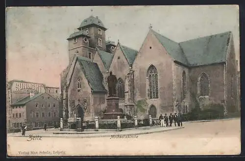 AK Zeitz, Michaeliskirche mit Denkmal und Hauswandwerbung für Sunlight-Seife