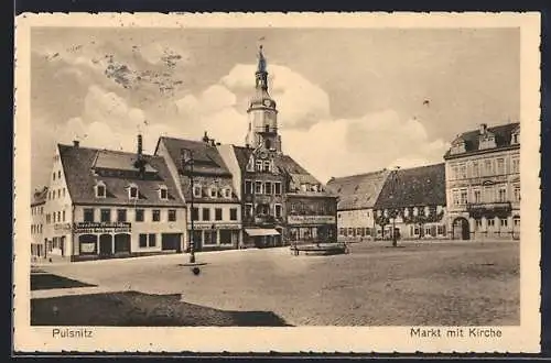 AK Pulsnitz, Markt mit Geschäften und Kirche
