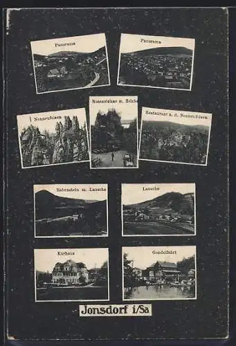 AK Jonsdorf /Sa., Restaurant a. d. Nonnenfelsen, Kurhaus, Gondelfahrt, Panorama