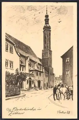 AK Zittau, Klosterkirche mit Strasse u. Fuhrwerk, Anlasskarte 1000 Jahre Oberlausitz Grenzstadt Zittau