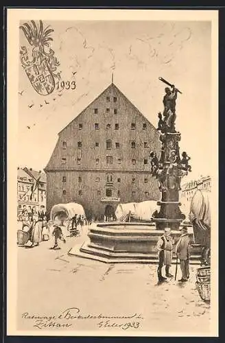 Künstler-AK Zittau, Ratswage und Herkulesbrunnen, 1000 Jahre Oberlausitz