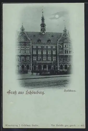 Mondschein-AK Berlin-Schöneberg, Rathaus, von der Strasse gesehen