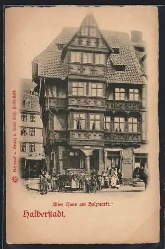 AK Halberstadt, Altes Haus am Holzmarkt und Geschäft