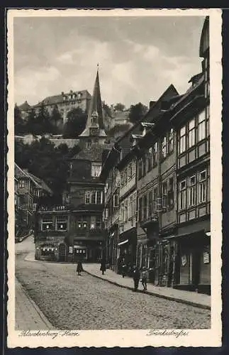 AK Blankenburg /Harz, Tränkestrasse mit Geschäften u. Kirchturm