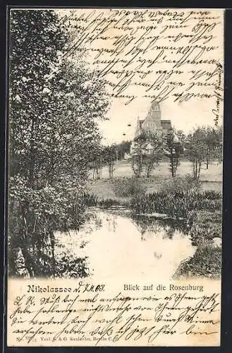 AK Berlin-Nikolassee, Rosenburg mit Umgebung vom Wasser aus