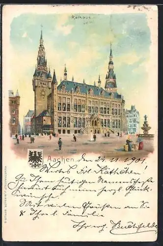 Lithographie Aachen, Rathaus mit Brunnen
