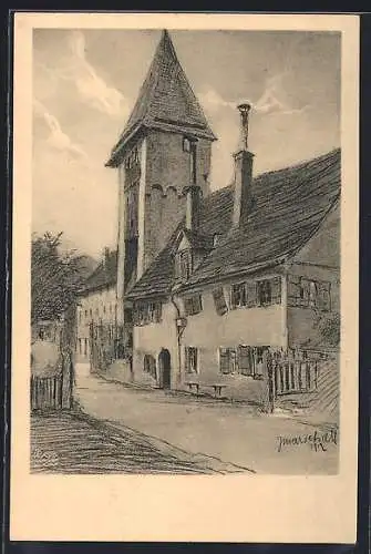 Künstler-AK Schwäbisch-Gmünd, Turmgebäude mit Strasse