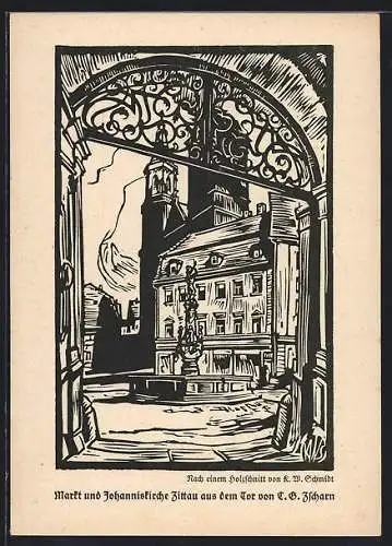Künstler-AK Zittau, Markt und Johanniskirche, Ansicht aus dem Tor, mit Brunnen
