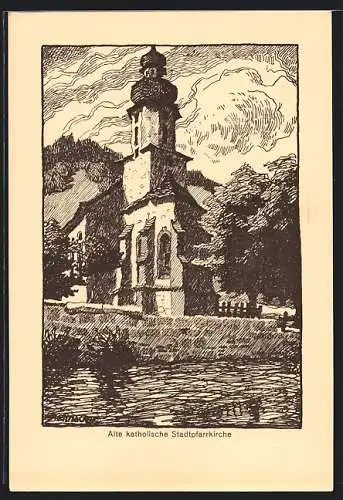 Künstler-AK Schramberg, Kath. Stadtpfarrkirche vom Wasser aus, Karte der Schramberger Tuberkulosefürsorge 1925