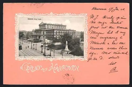 Lithographie Hannover, Königliches Theater mit Denkmal und Strassenbahn, Passepartout