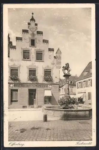 AK Offenburg, Hirsch-Apotheke am Fischmarkt mit Brunnen
