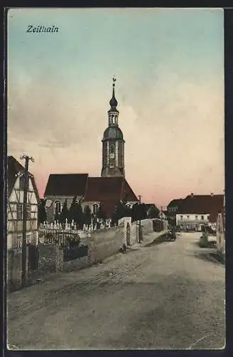 AK Zeithain, Strassenpartie mit Kirche