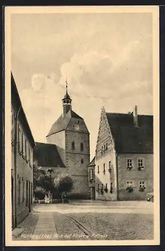 AK Mühlberg /Elbe, Blick auf Kirche und Rathaus