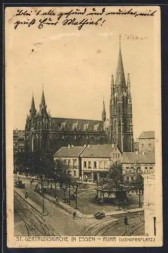 AK Essen /Ruhr, St. Gertrudiskirche mit Strassenpartie