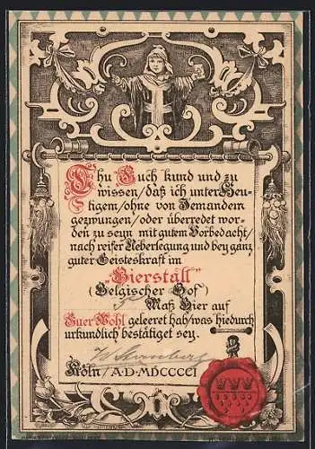 Lithographie Köln, Gasthaus Bierstall Belgischer Hof, Siegel, Münchner Kindl