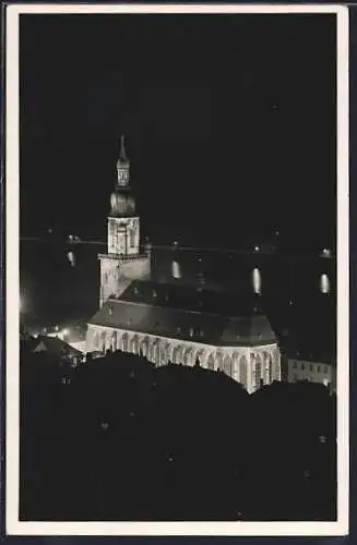 AK Heidelberg, Blick vom Stückgarten auf die festlich beleuchtete Heiliggeistkirche