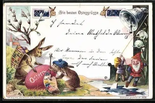AK Zwerge läuten Glocken während Osterhasen Eier bemalen
